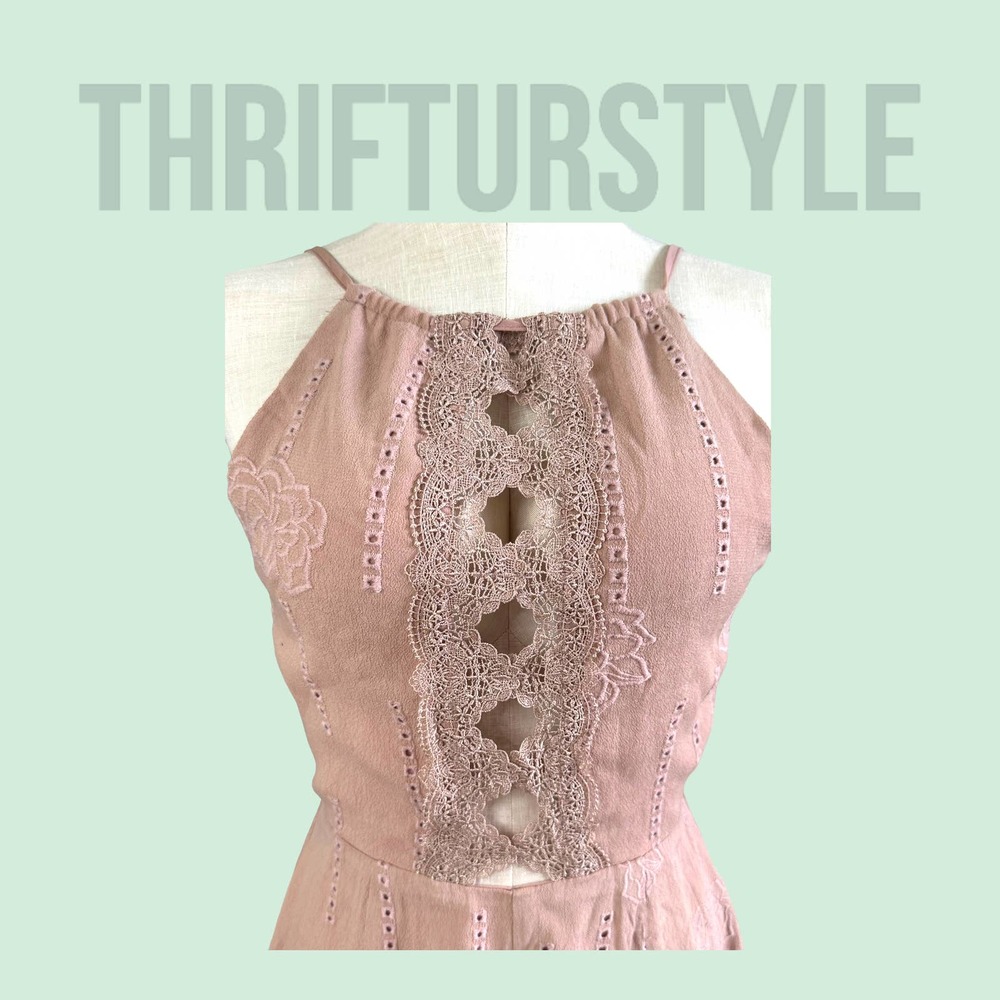 Blush Pink Lace Trim Romper Open Back Tie Spaghetti Strap Cute Casual - Picture 2 of 13